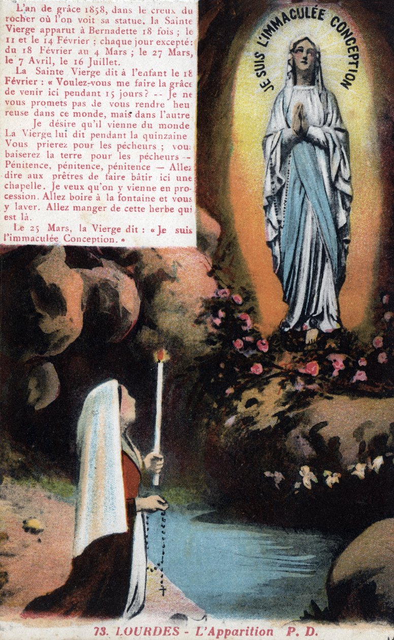 Pohlednice zjevení Panny Marie Bernadette Soubirous (1844-1879) v jeskyni Lurdy - Hautes Pyrenees (65) kolem roku 1900. od Anonymous Anonymous