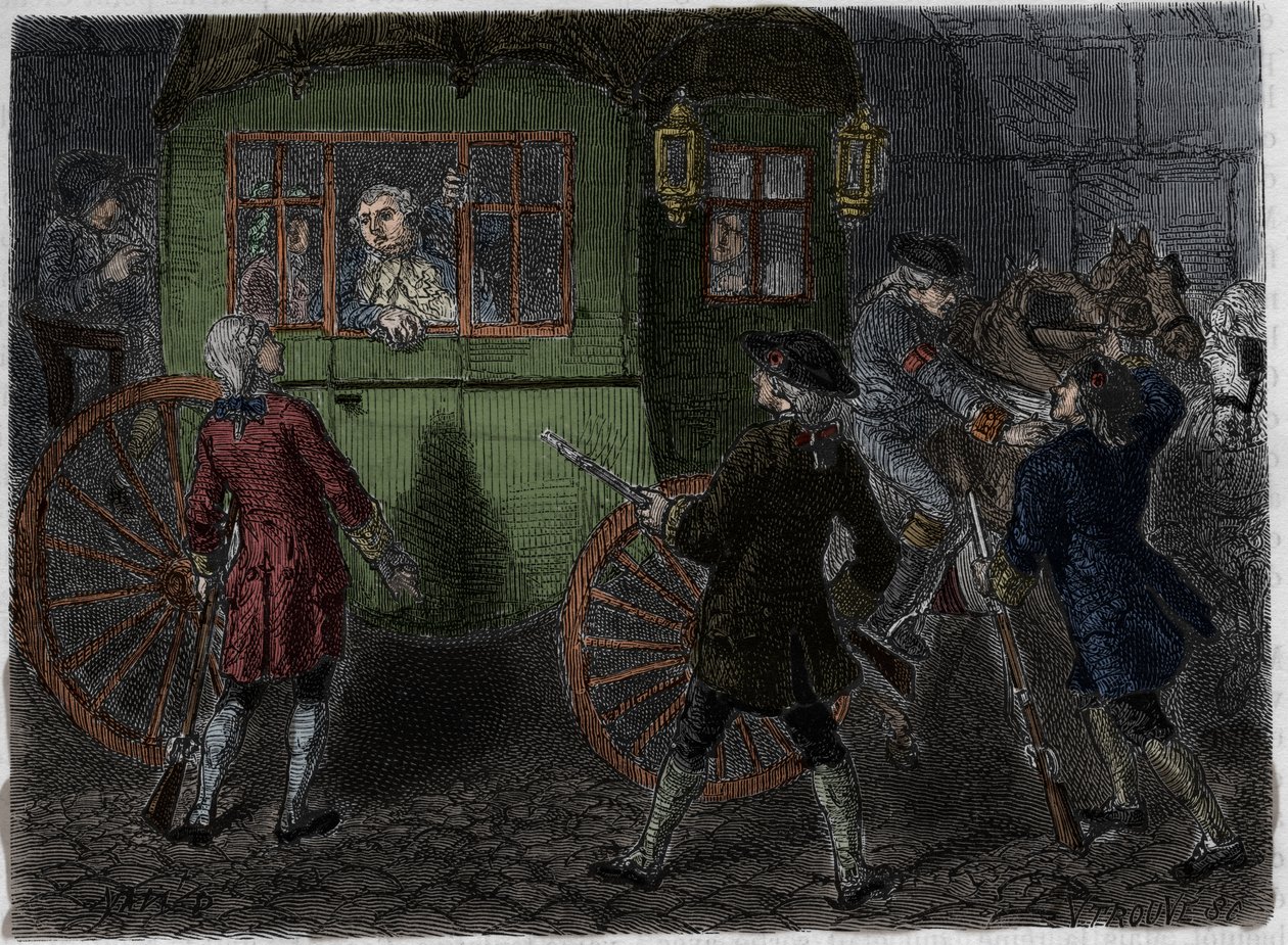 Zatčení Ludvíka XVI. (1754-1793) a jeho prchající rodiny ve Varennes dne 21. června 1791. Rytina z roku 1866 v „Histoire de la Revolution francaise““ od Adolphe Thierse. . od Anonymous Anonymous