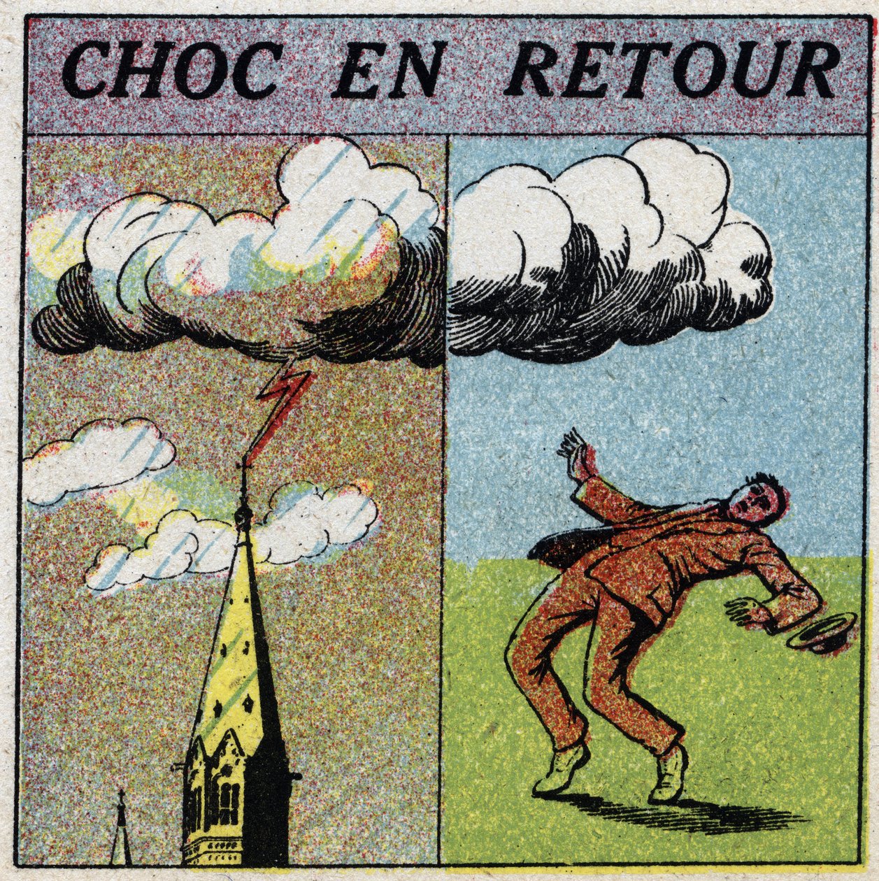Atmosférická elektřina: šok na oplátku. Člověk je zabit elektrickým proudem, protože je v oblasti vlivu zóny blesku. Anonymní ilustrace z roku 1925. Soukromá sbírka. od Anonymous Anonymous