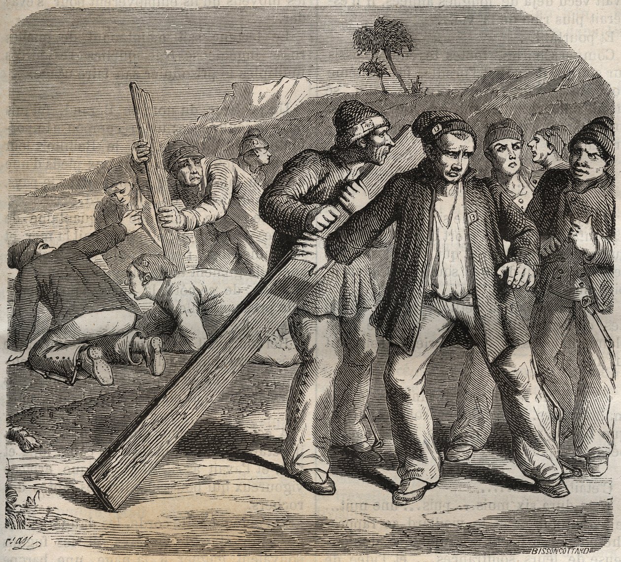 Pokus o útěk ve Fort of Belle-Ile-en-Mer (krásný ostrov na moři) v 19. století. Rytina do „Historie trestanců od jejich vzniku až po současnost“ (1877) od Pierra Zacconeho (1817-1895) (Colonia Penale - Trestná kolonie). Soukromá sbírka. od Anonymous Anonymous