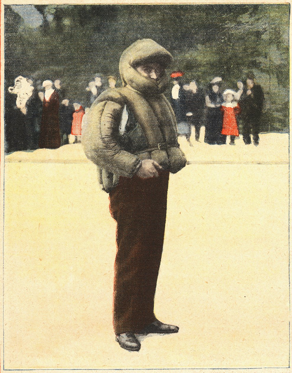 Letectví: Letecký oblek určený k ochraně letců před pádem. Rytina v „“Le petit parisien““ dne 16. 10. 1910. Soukromá sbírka. od Anonymous Anonymous