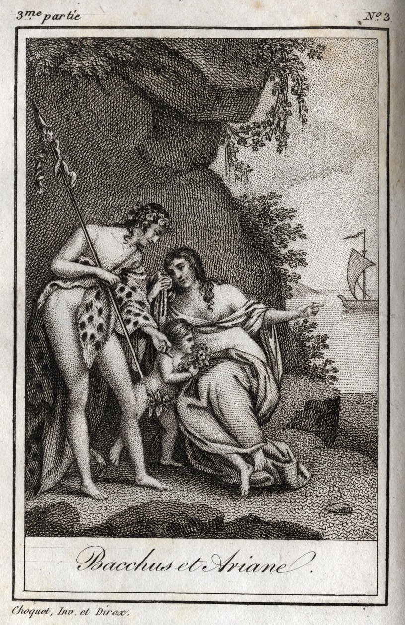 Bacchus et Ariane (Bacchus a Ariadne) Rytina z roku 1819 v „Lettres a Emilie sur la mythologie“ od Charlese Alberta Demoustiera (1760-1801). Soukromá sbírka. od Anonymous Anonymous