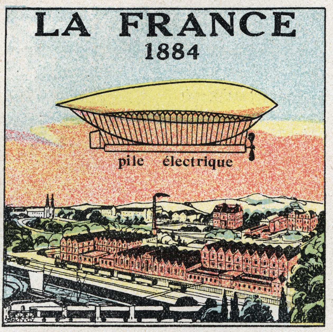 Balóny: vzducholoď „“La France““ v roce 1884 využívající elektrickou baterii vynalezenou Francouzi Renardem a Krebsem. Anonymní ilustrace z roku 1925. Soukromá sbírka. od Anonymous Anonymous
