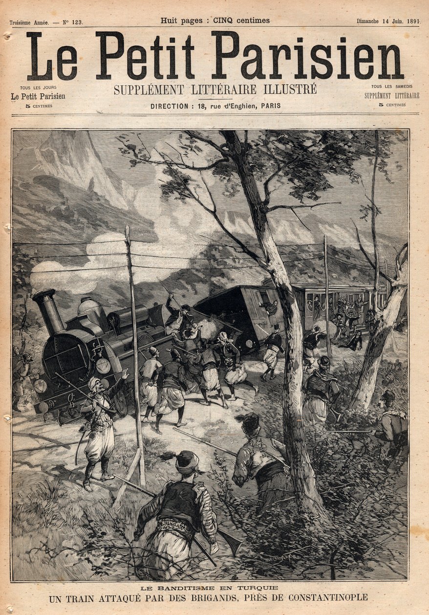 Banditství v Turecku, vlak přepadený lupiči u Konstantinopole. Rytina „Le petit Parisien““ z roku 1891. Soukromá sbírka. od Anonymous Anonymous