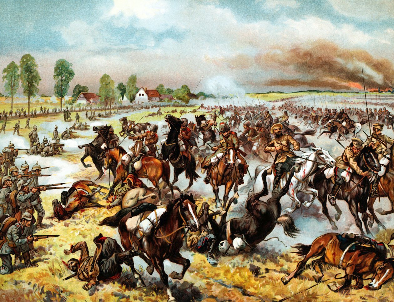 Bataille de Tannenberg (actuelle Stebark, Pologne) (1914) - entre la VIIIe armee allemande et les Ire et IIe armees russes - Bitva u Tannenbergu, srpen 1914 - Anonym - 1914 - Barevná litografie - 32,6x41,8 - Soukromá sbírka od Anonymous Anonymous
