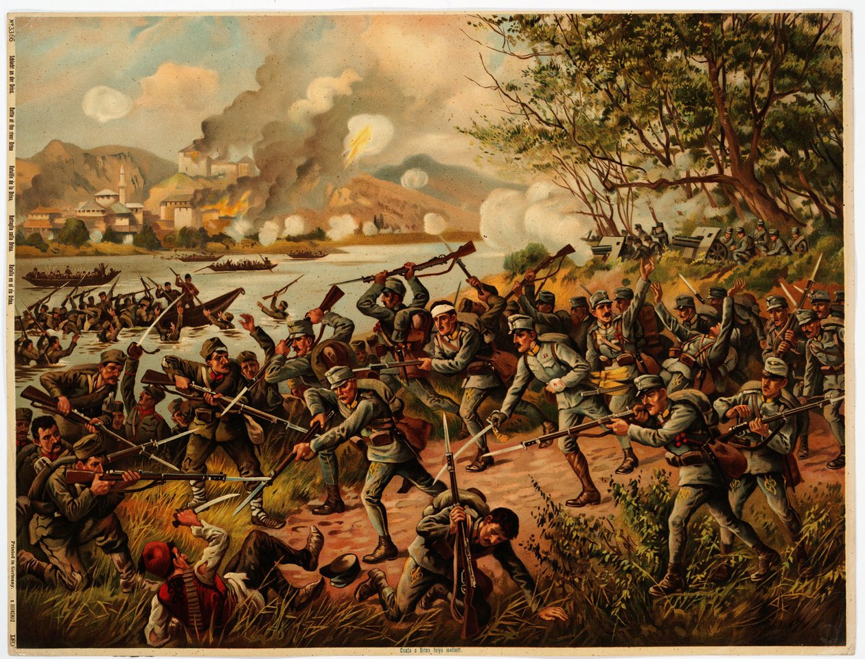 Bataille de la Drina (Bosnie, Srbsko) 1914 - Bitva u Driny - Anonymní - 1914 - Barevná litografie - 39x52,2 - Soukromá sbírka od Anonymous Anonymous