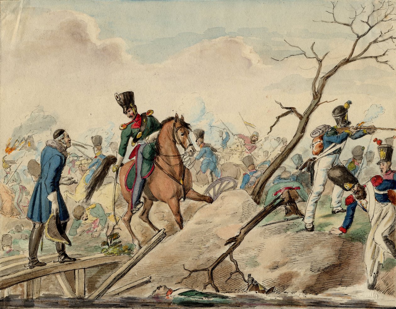 Bataille de Leipzig (bataille des Nations) - Epizoda z bitvy u Lipska - Anonym - 1813 - Akvarel na papíře - 16,2x20,8 - Soukromá sbírka od Anonymous Anonymous