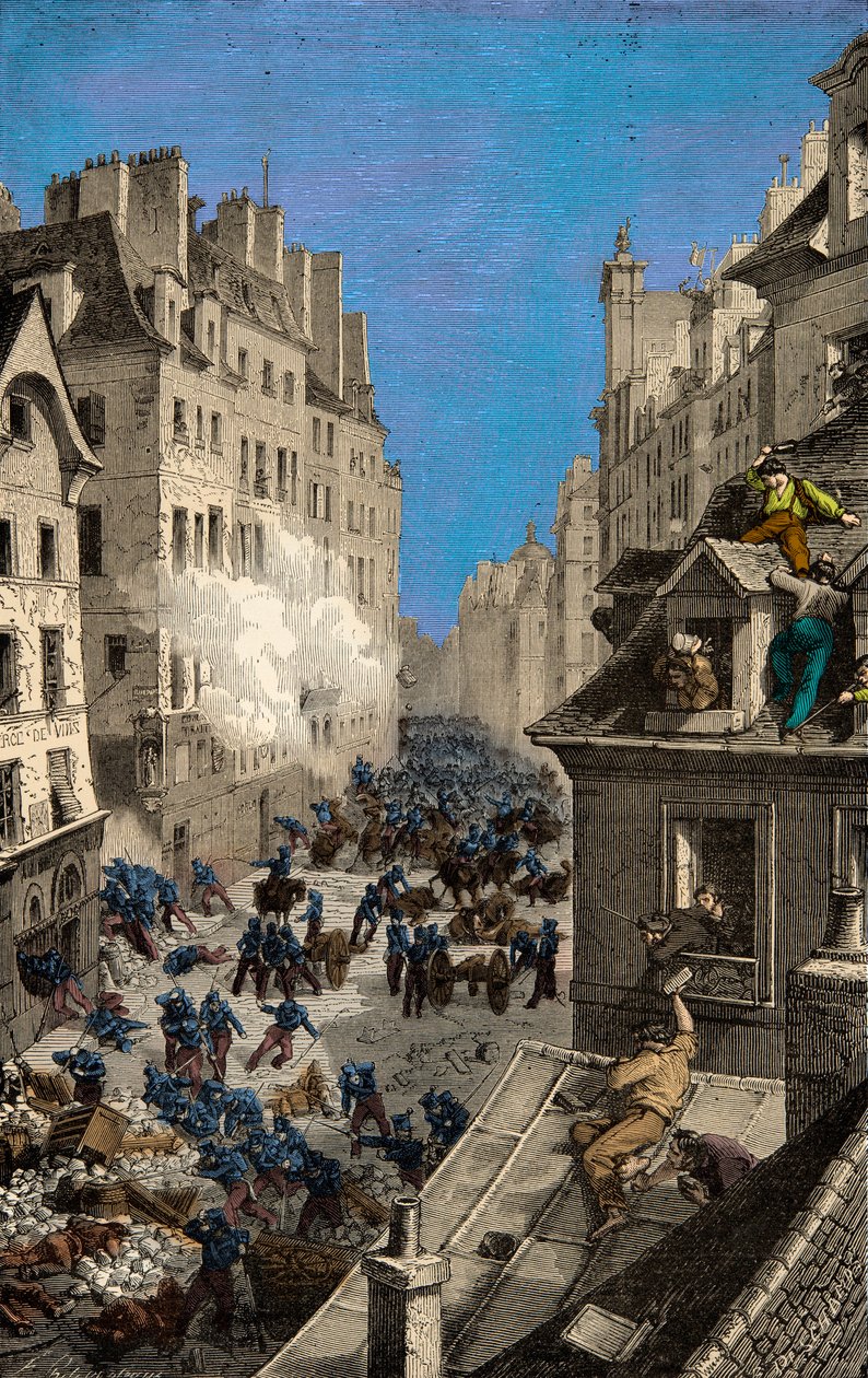 Bitva u barikády Rue Saint Antoine v roce 1830, Rytina, soukromá sbírka od Anonymous Anonymous