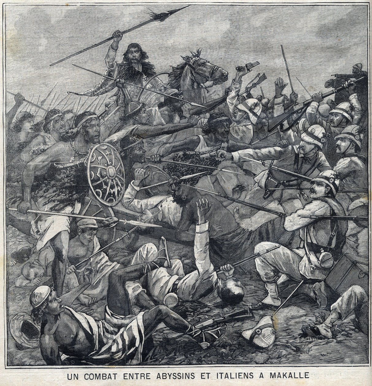 Bitva mezi Abyssins of Menelik II a Italy v Makalle v Etiopii. Rytina „“Le Petite Parisien““ od Anonymous Anonymous
