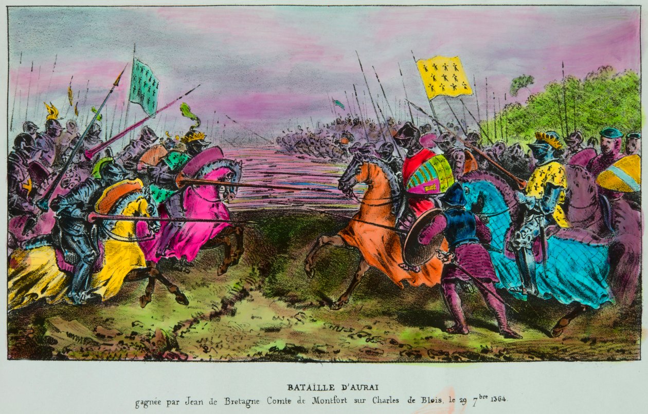 Bitva u Auray dne 29. září 1364 poslední bitva o posloupnost Bretaně mezi anglobretonskou armádou proti rozkazům Jana IV. z Bretaně (Jan III. z Montfortu, Jean Le Conquereur nebo Le Vaillant od Anonymous Anonymous