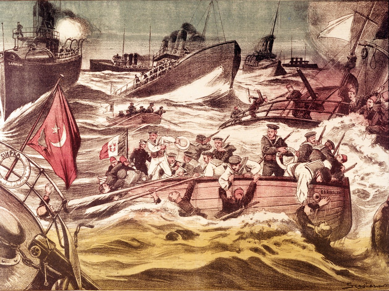 Bitva u Kunfudy (Kunfida Kunfidah): námořní bitva vybojovaná 7. a 8. ledna 1912 během italsko-turecké války (1911-1912) v Rudém moři před přístavem Kunfuda v Saúdské Arábii. od Anonymous Anonymous