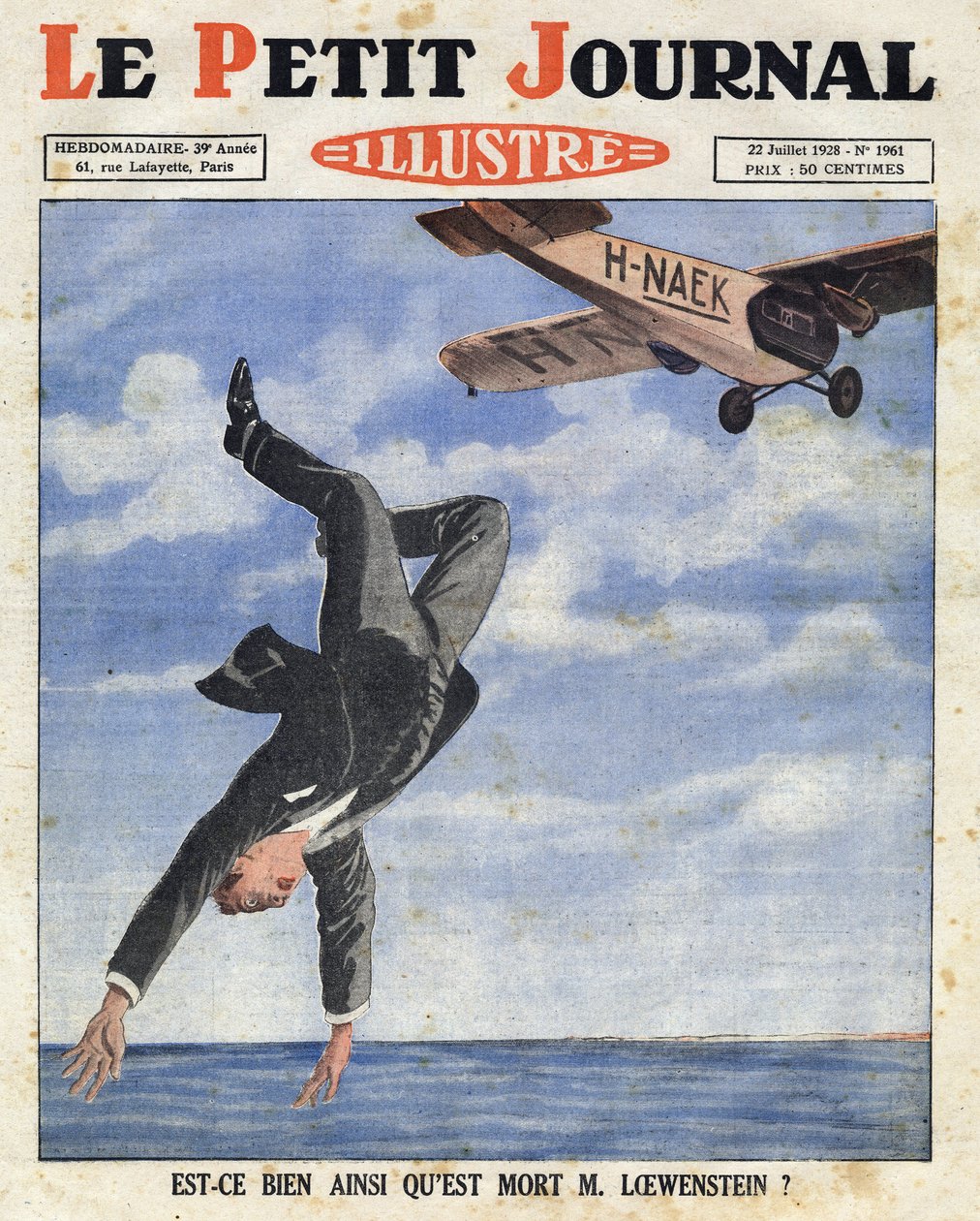 Belgický bankéř Alfred Loewenstein zemřel (1877-1924), když 4. července 1928 spadl z letadla do vod Lamanšského průlivu, „Le petit journal illustre“ od Anonymous Anonymous