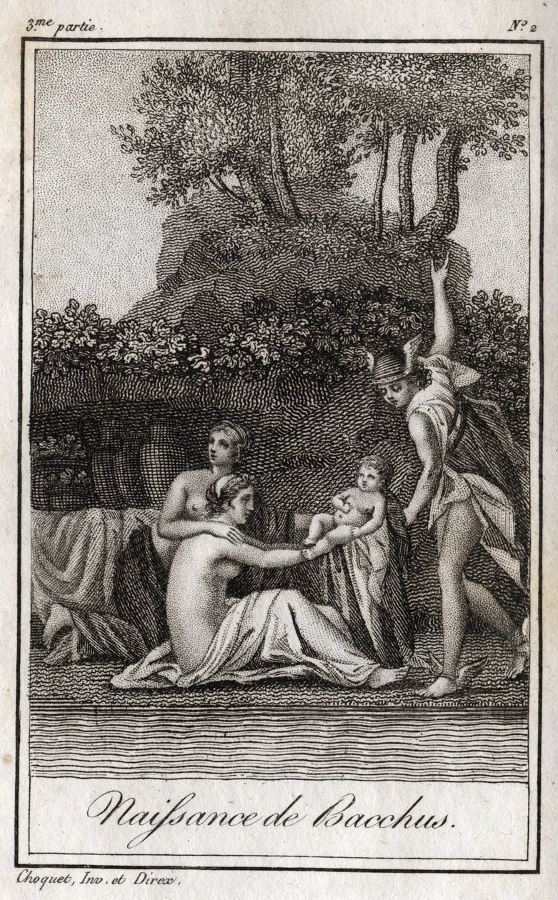 Narození Baccha, syna Jupitera a Semele. Rytina z roku 1819 v „Lettres a Emilie sur la mythologie“ od Charlese Alberta Demoustiera (1760-1801). Soukromá sbírka. od Anonymous Anonymous