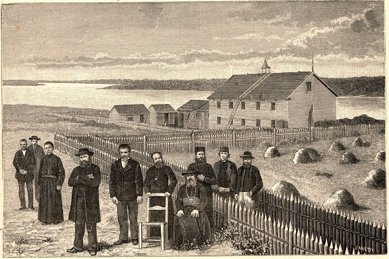 Biskup Isidore Clut (1832-1903), R. P. Le Corre a další členové misie Providence v Athabaska Mackenzie (Athabaska-Mackenzie) v Kanadě na konci 19. století. Rytina do „Les Missions Catholiques au XIXeme Siecle““ od Louis-Eugene (Lou od Anonymous Anonymous