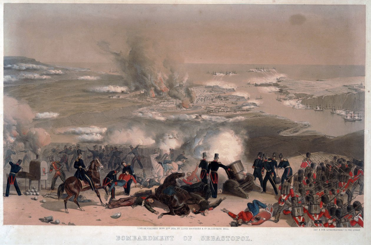 Bombardování Sevastopolu - Anonymní - 1854 - Barevná litografie - 83x117,2 - Soukromá sbírka od Anonymous Anonymous