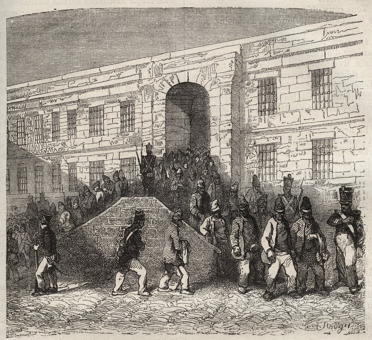 Brestská věznice v 19. století. Rytina do „Historie trestanců od jejich vzniku až po současnost“ (1877) od Pierra Zacconeho (1817-1895) (Colonia Penale - Trestná kolonie). Soukromá sbírka. od Anonymous Anonymous