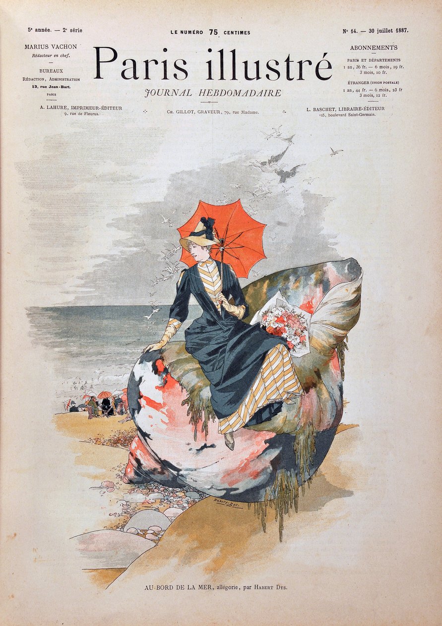 U moře, alegorie Haberta Dyse. Elegantní žena s deštníkem na obří mušli pózuje na písku pláže. Rytina z roku 1887 v týdeníku Paris-Illustrous journal. od Anonymous Anonymous