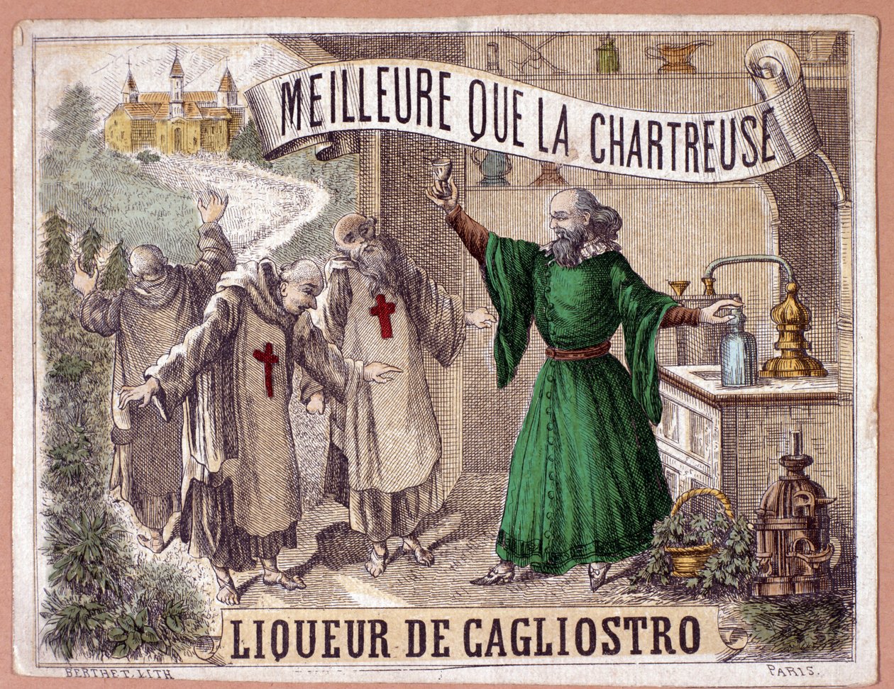 Likér Cagliostro vyrobený destilací aromatických bylin mnichy. chromolitograf 19. století. od Anonymous Anonymous