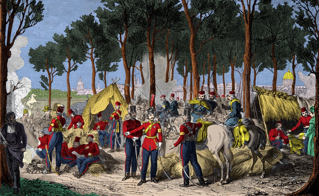 Táboření ruských a anglických jednotek na Champs Elysees v Paříži v červenci 1815 po porážce Napoleona 1., Rytina, soukromá sbírka od Anonymous Anonymous