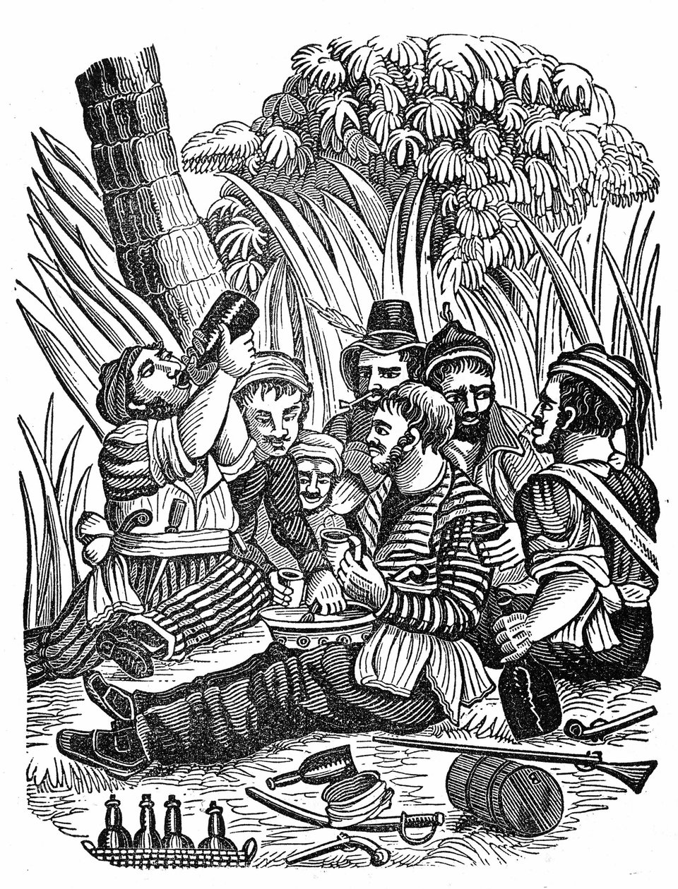 Posádka kapitána Bartholomewa Robertse odpočívá poblíž řeky Old Calabar, konec 17. století. Rytina „“ Pirátská vlastní kniha““ 1837. od Anonymous Anonymous