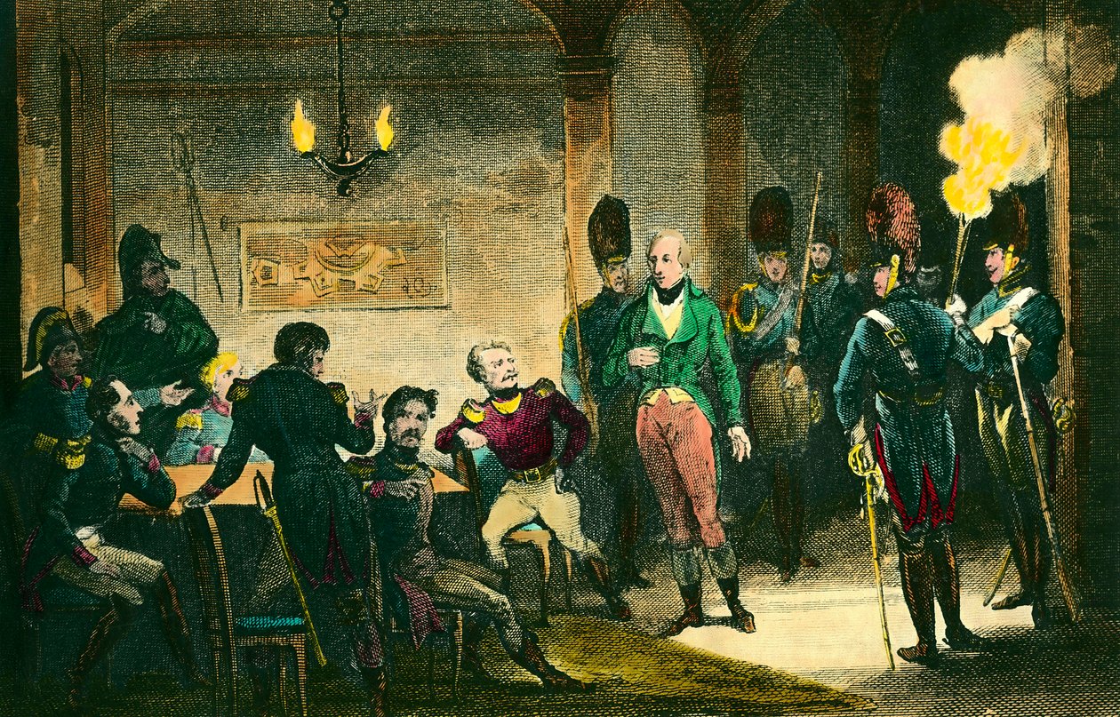 Případ Louise de Bourbon, vévody z Enghien (1772-1804): scéna soudu s princem podezřelým ze spiknutí proti prvnímu konzulovi Napoleonovi Bonapartovi, byl odsouzen a popraven bez důkazu. Rytina z roku 1804. Soukromá sbírka - The Judgem od Anonymous Anonymous