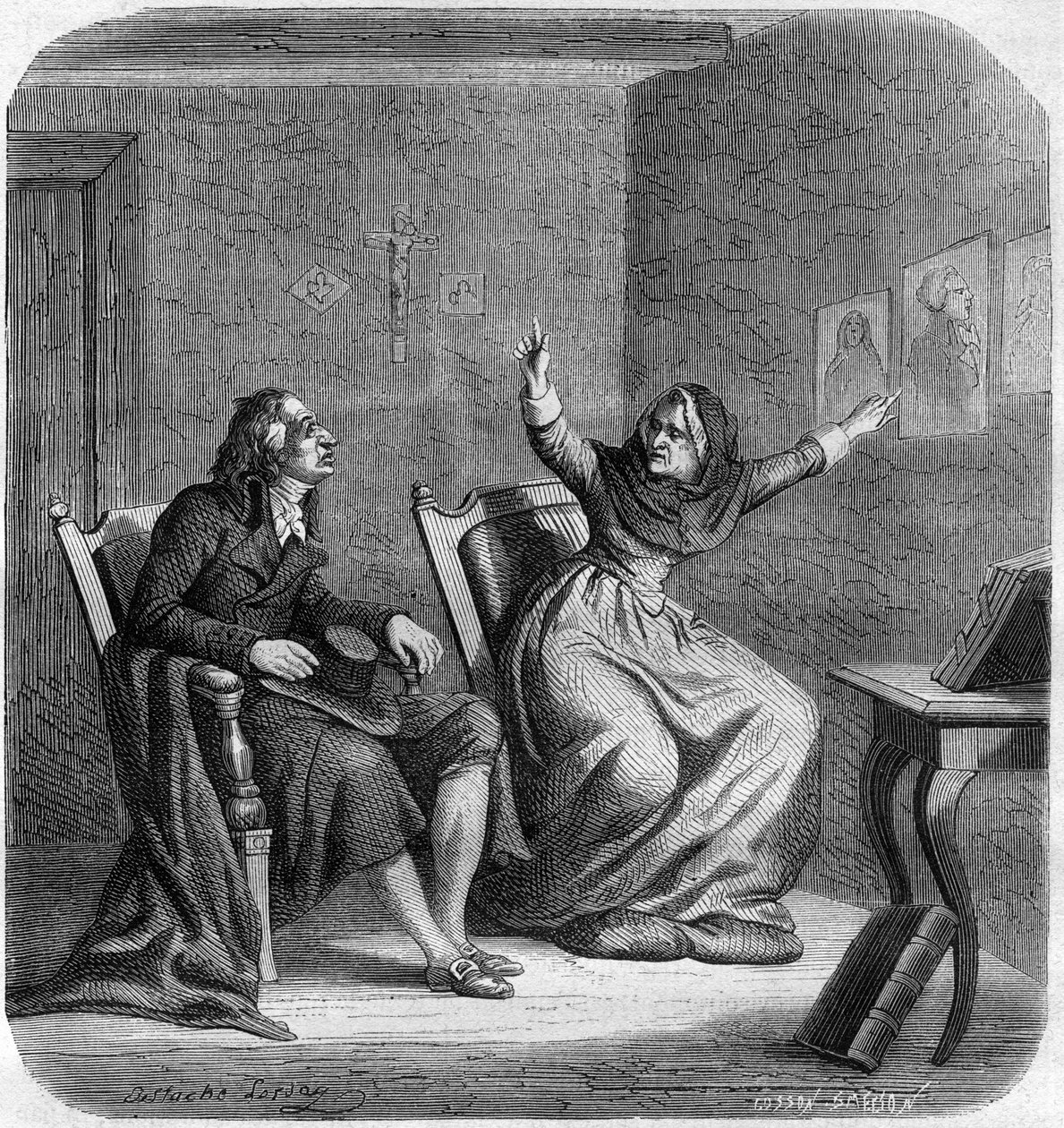 Catherine Theot (1716-1794) mystická a francouzská vizionářka s Antoine Christophe Gerle, dit Dom Gerle (1736-1801) - Rytina v „Histoire des Girondins“ od Alphonse de Lamartine (1790-1869) 1865-1866 - soukromá sbírka od Anonymous Anonymous