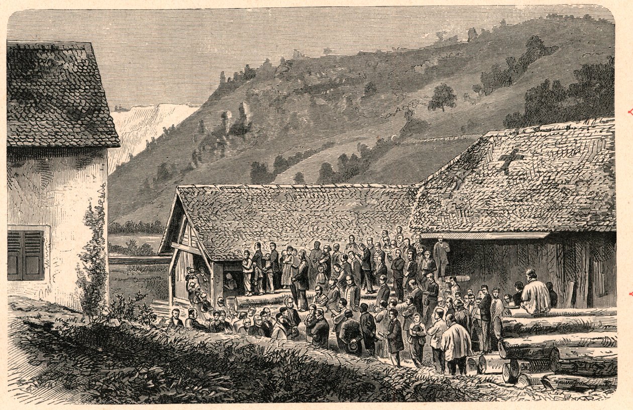 Oslava katolické bohoslužby v Saint Ursanne (Saint Ursanne) ve Švýcarsku v roce 1874, po fotografii. Rytina v „Katolické misie v XIX. století“ od Louis-Eugene (Louis Eugene) Louveta. soukromá sbírka. od Anonymous Anonymous