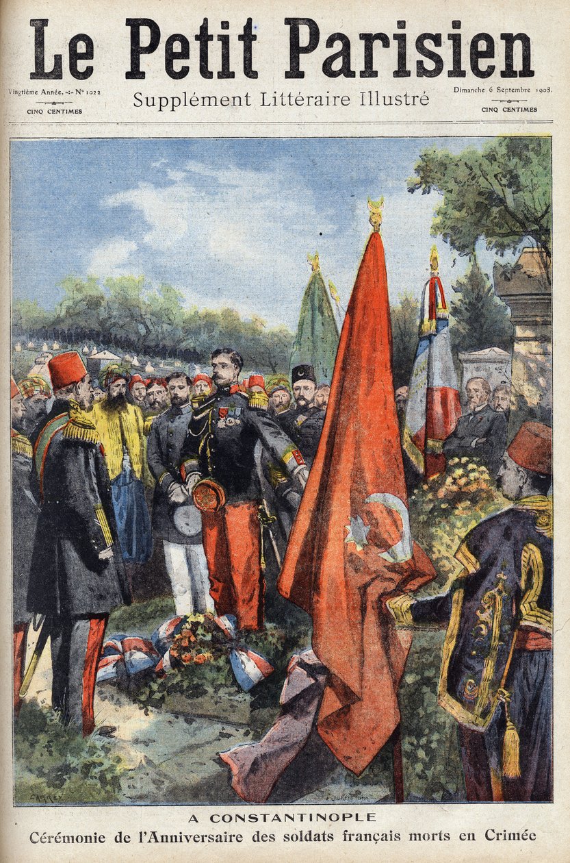 Ceremoniál v Konstantinopoli Byzantské říše (Istanbul, Turecko) k výročí francouzských vojáků, kteří zemřeli na Krymu. Jeden z novin ""Le petit parisien"" dne 6.9.1908. Soukromá sbírka. od Anonymous Anonymous