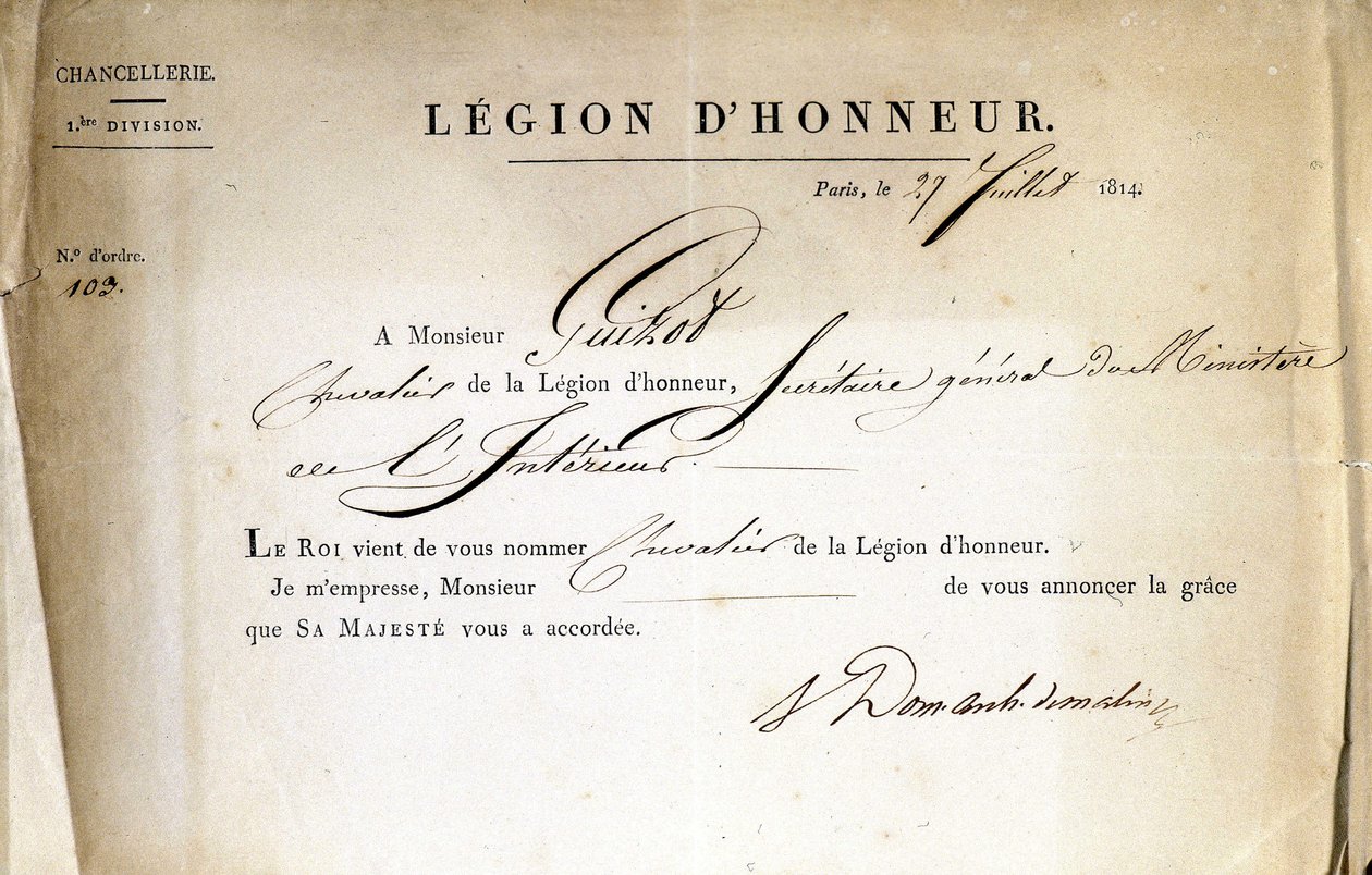 Osvědčení o předání Řádu čestné legie Guizotovi, generálnímu tajemníkovi ministerstva vnitra, 21.7.1814. od Anonymous Anonymous