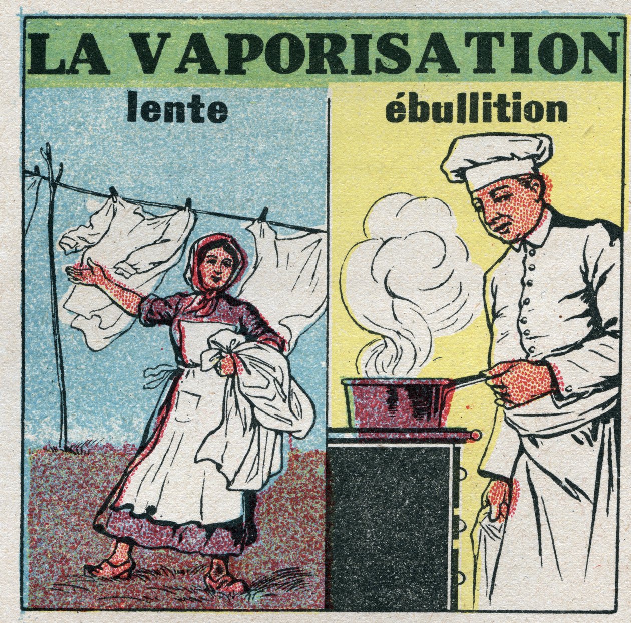 Změny skupenství: pomalé odpařování (působení větru) nebo var (teplo pod pánví). Anonymní ilustrace z roku 1925. Soukromá sbírka. od Anonymous Anonymous
