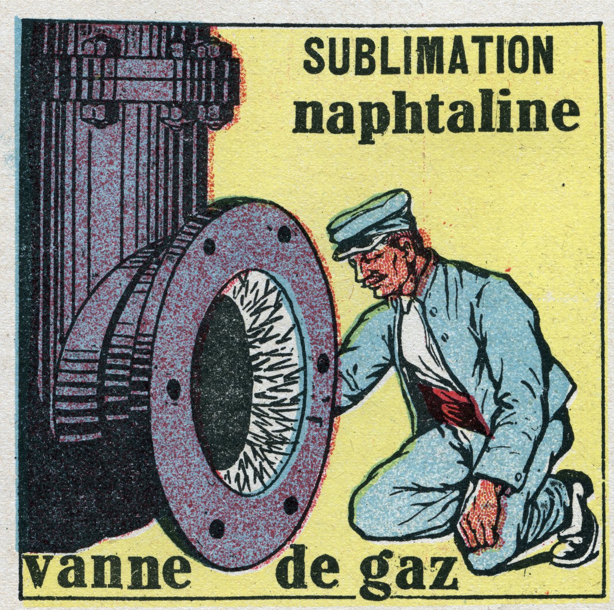 Změny skupenství: sublimace. Zásobník naftalinu ucpává plynový ventil. Anonymní ilustrace z roku 1925. Soukromá sbírka. od Anonymous Anonymous