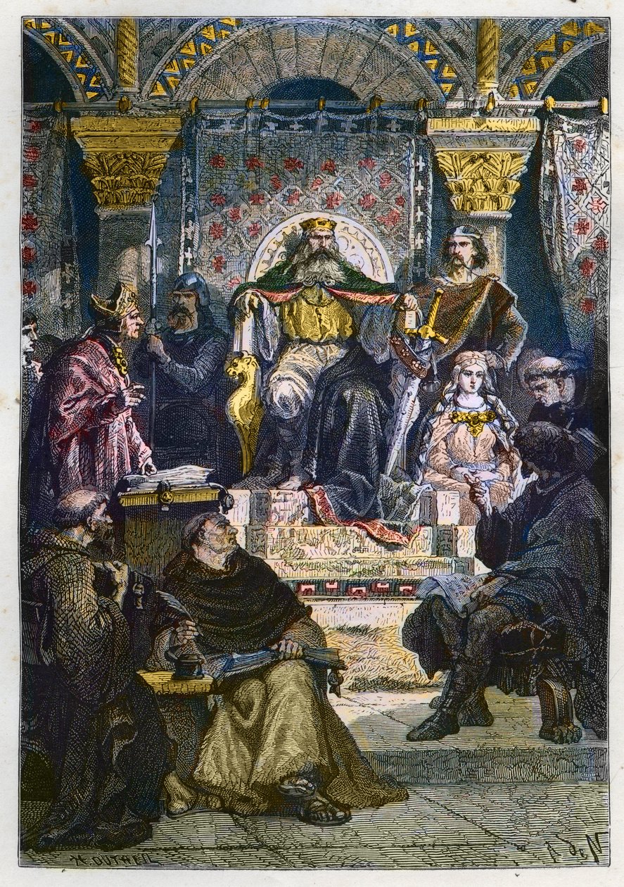 Karel Veliký (742 - 814) na trůnu předsedající Palácové akademii - Karel Veliký (747-814) Král Franků a křesťanský císař Západu předsedající Palácové škole v Cáchách (Cáchy) - rytina „“ L