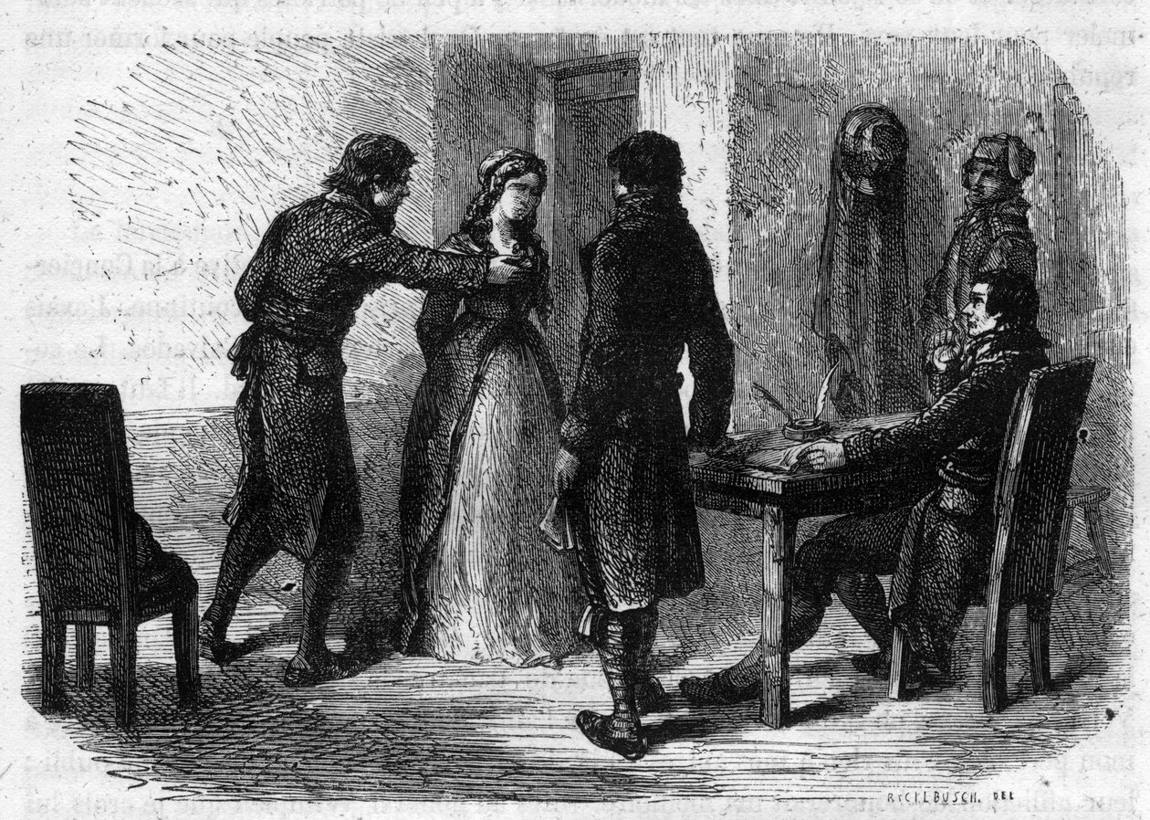 Charlotte Corday (1768-1793) vykopal Francois Chabot (1756-1794) - Rytina v „Histoire des Girondins“ od Alphonse de Lamartine (1790-1869) 1865-1866. Soukromá sbírka od Anonymous Anonymous