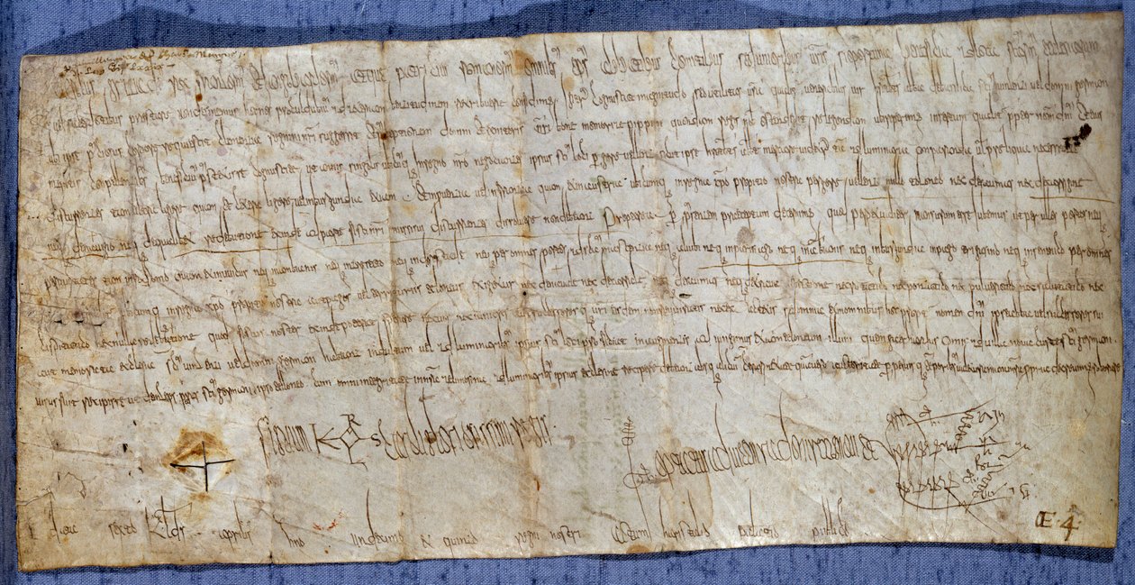 Charta krále Karla Velikého (Karel I., Karel Veliký nebo Carolus Magnus) (742-814) osvobozující opatství Saint Denis od mýtného během veletrhu. Konec 8. století. Paříž, Národní archiv od Anonymous Anonymous