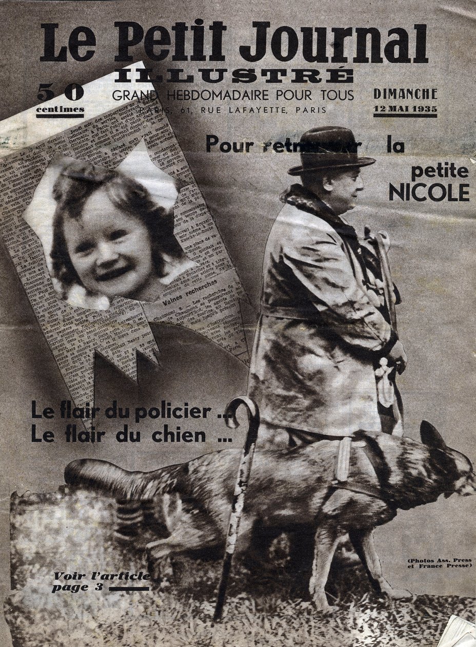 Chaumontovy záležitosti: policejní psi se cvičí, aby našli stopu pohřešovaných dětí (zde dívka Nicole) a banditů. Obálka „“Le petit journal illustrious““ z 12.5.1935 Collection privee od Anonymous Anonymous