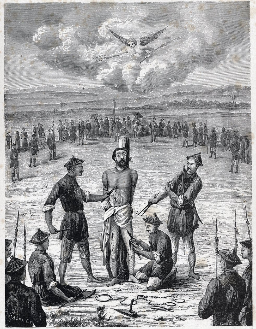 Křesťanské pronásledování: francouzský misionářský kněz Joseph Marchand utrpěl „muka sta ran“ v Kočinčíně 30. listopadu 1835. Rytina v „Les Missions Catholiques au XIXeme Siecle““ od Louise Eugena (Louis Eugene) Louveta. soukromá spol od Anonymous Anonymous