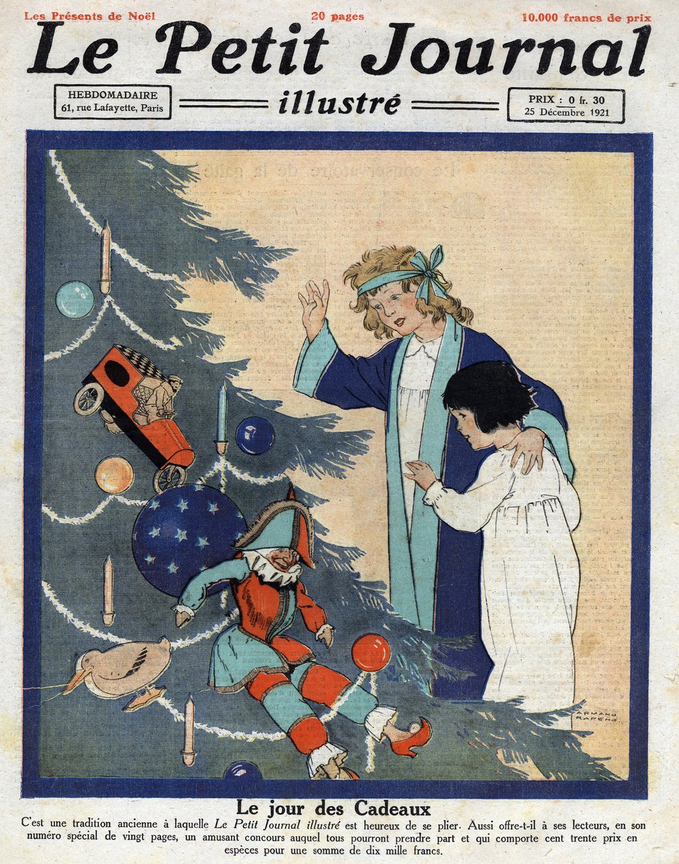 Vánoční večírek: děti objevují dárky u nohou vánočního stromečku. Ilustrace převzata z „“Le petit journal““ z 25. 12. 1921 Collection privee od Anonymous Anonymous