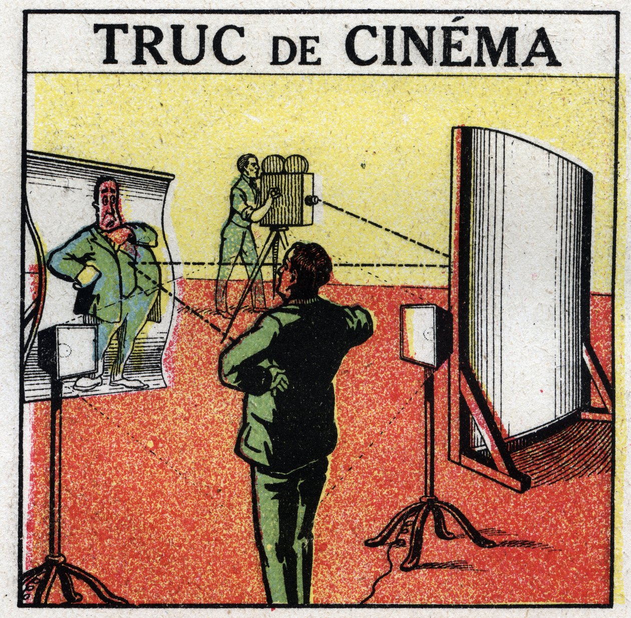 Kameraman: filmové věci. Deformující se zrcadla vytvářejí iluzi filmování příšer. Anonymní ilustrace z roku 1925. Soukromá sbírka. od Anonymous Anonymous