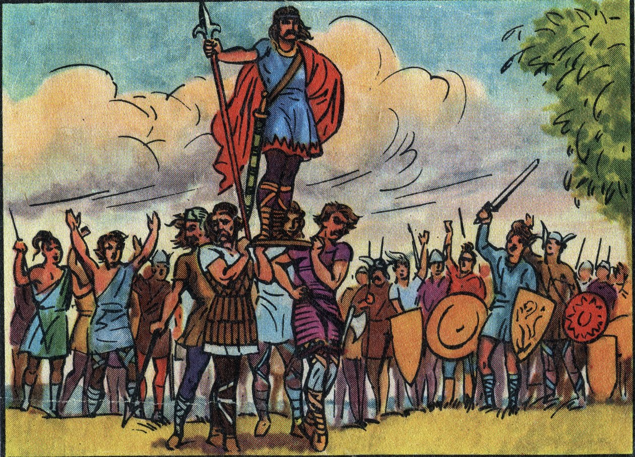 Clovis (král franků v letech 481 až 511) byl zvolen králem Saliany, kteří ho při prohlídce tábora nosili na hradbě (štítu). Anonymní ilustrace v “” Collection des souverains et chefs d