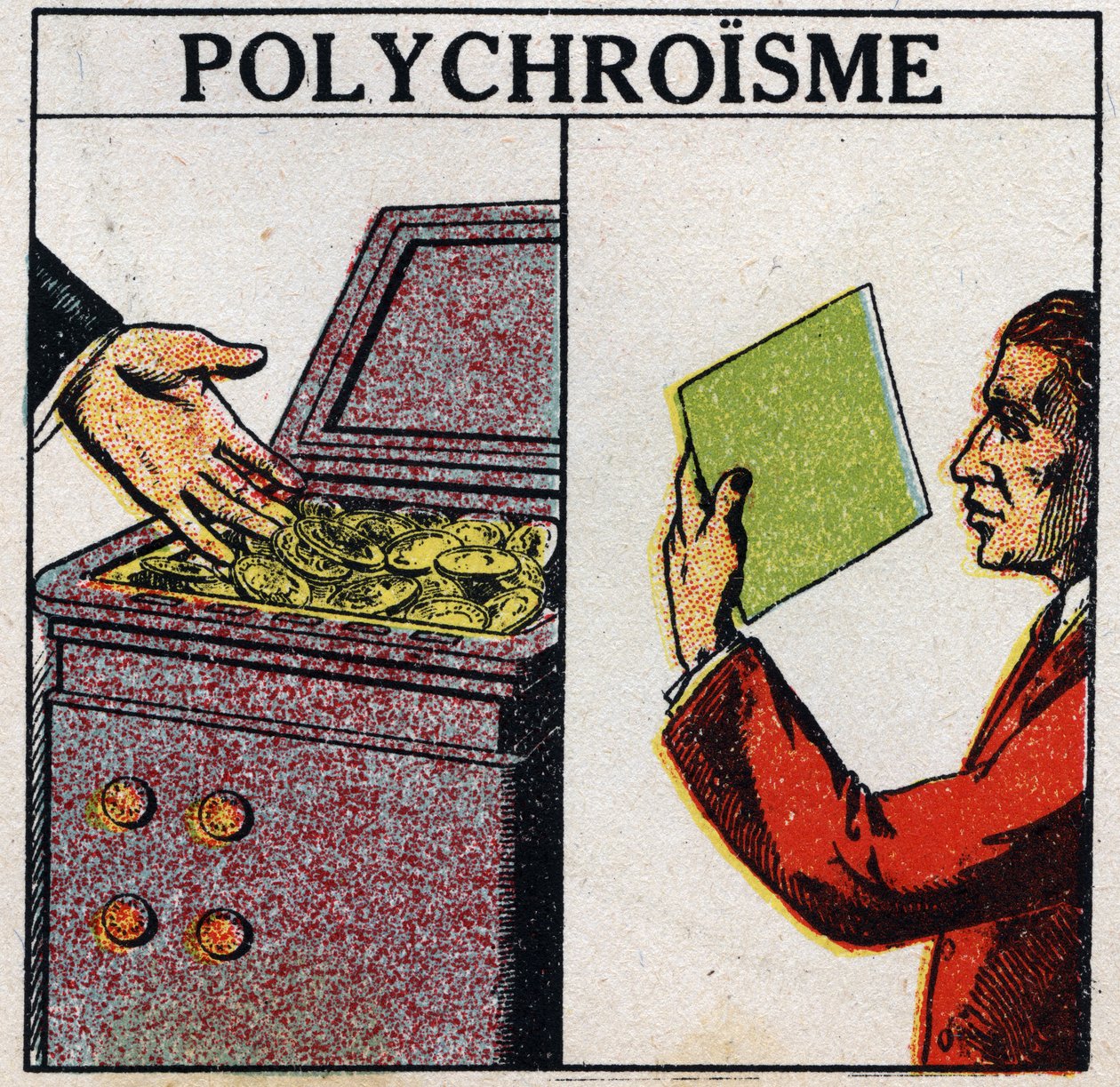 Barvy: polychroismus. Zlaté mince jsou žluté, ale tenkovrstvé zlato má zelenou barvu. Anonymní ilustrace z roku 1925. Soukromá sbírka. od Anonymous Anonymous