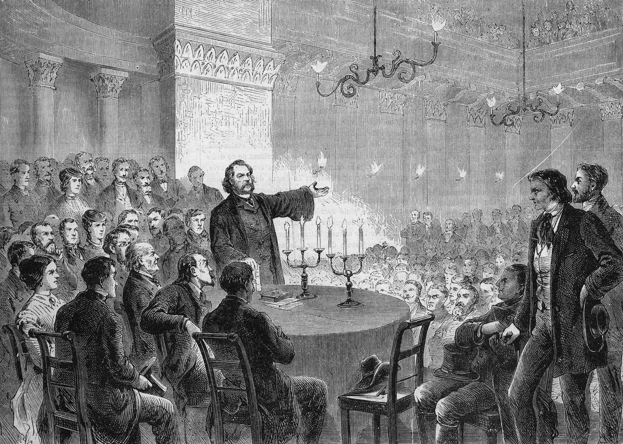 Konference reformátora Johannese (Jeana) Rongeho (1813-1887) ve Vídni v roce 1868. Založil Univerzální křesťanskou církev. rytina 1868. Soukromá sbírka. od Anonymous Anonymous