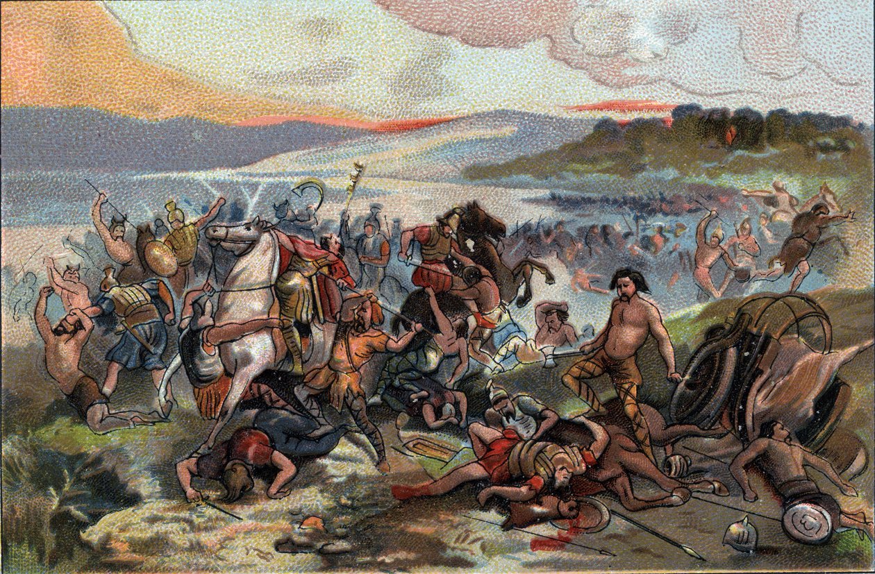 Conquete of Gaul: bitva u Presles v roce 60 př. n. l. proti lidu Nervians vedenému Boduognatem proti římské armádě Julese Cesara. Reklamní chromolitografie čokolád Antoine v Bruselu, počátek 20. století. Soukromá sbírka od Anonymous Anonymous