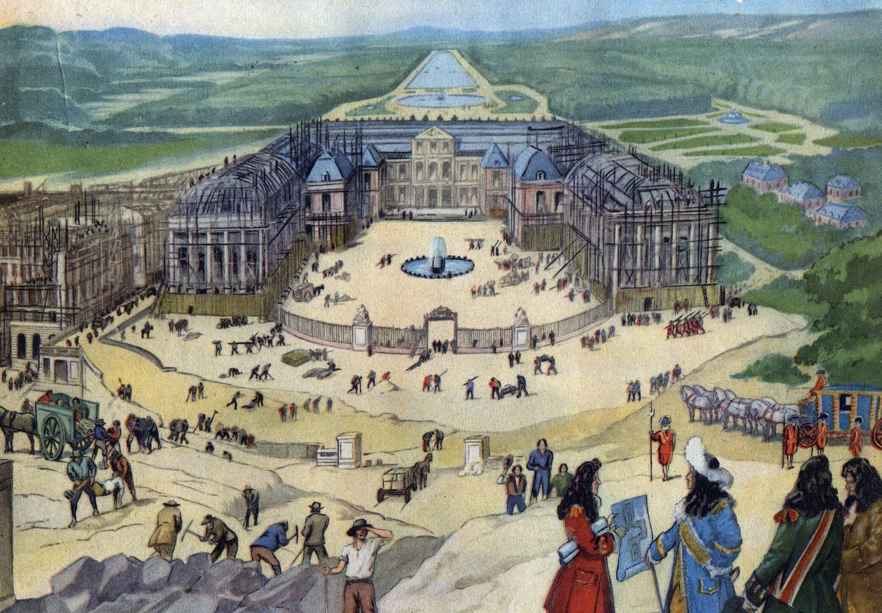 Stavba zámku Versailles v roce 1678 podle plánů Julese Hardouina Mansarta v popředí krále Ludvíka XIV. od Anonymous Anonymous
