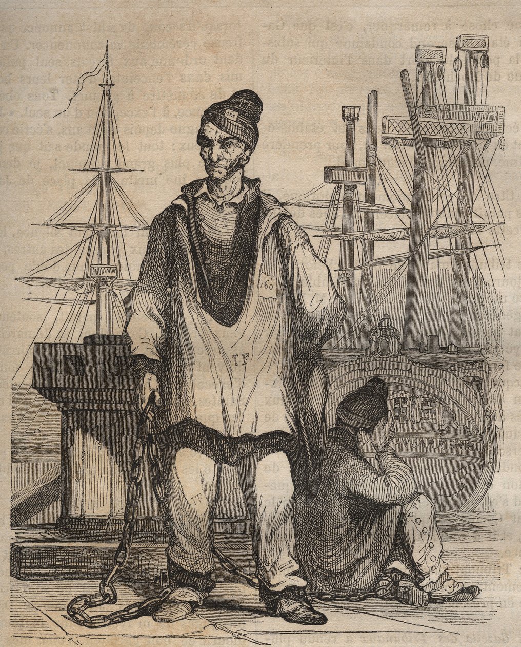 Odsouzení na věčné časy v Rochefort Bagne v 19. století. Rytina do „Historie věznic od jejich vzniku až po současnost“ (1877) od Pierra Zacconeho (1817-1895) (Colonia Penale - Trestná kolonie) od Anonymous Anonymous
