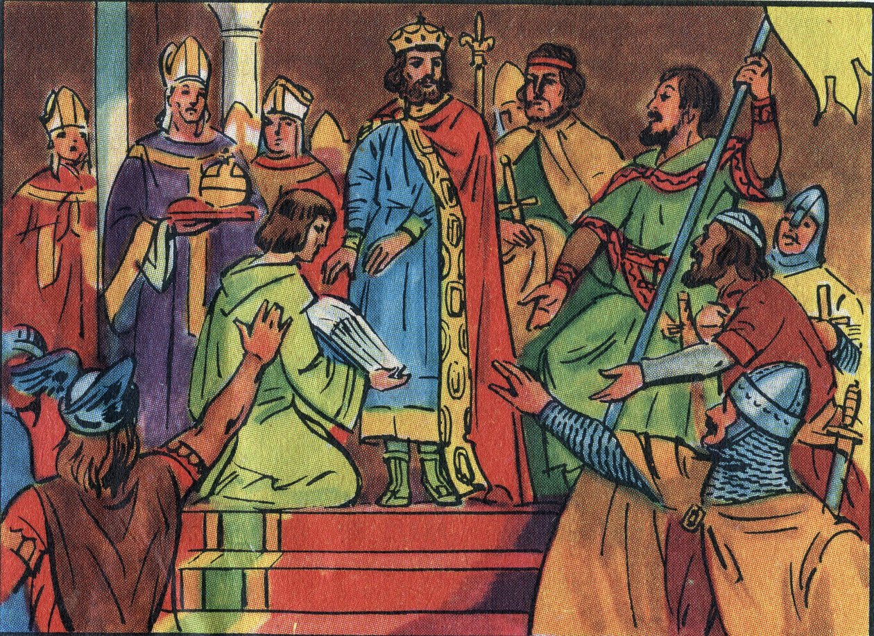 Korunovace Hugues Capet (941-996) v Noyonu v roce 987, Adalberon (asi 925-990), archeveque z Remeše. Tato korunovace znamenala začátek dynastie Kapetovců, francouzských králů, kteří získali zpět, ať už přímo nebo nepřímo, na 8 let. Anonymní ilustrace od Anonymous Anonymous