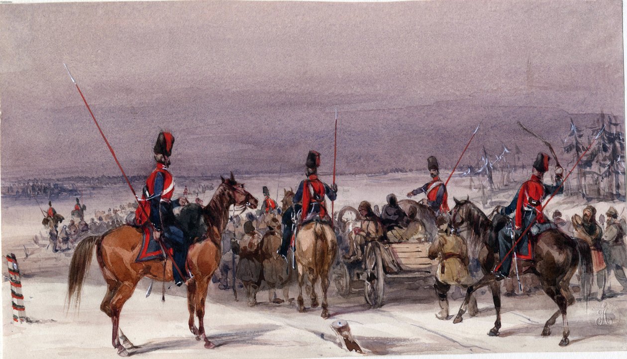 Kozáci převážející deportované - Anonymní - 1831 - Akvarel na papíře - 13,9x24,3 - Soukromá sbírka od Anonymous Anonymous