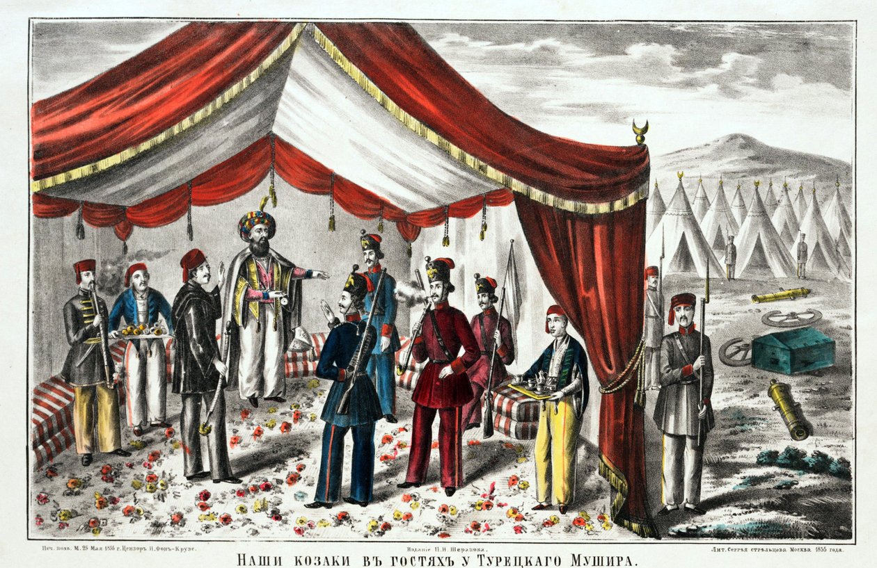Kozáci navštěvující turecký Mushir po bitvě u Kurekdere - Anonymní - 1855 - Litografie, akvarel - 55,7x68 - Soukromá sbírka od Anonymous Anonymous
