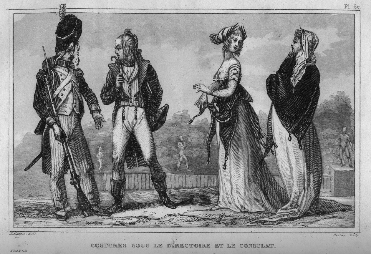 Kostým ve výkonné radě a na konzulátu. Rytina z roku 1859 v „“ Le Monde. Dějiny všech národů od nejvzdálenějších dob až po současnost“. od M. E. de Lostalot-Bachoue (Lostalot Bachoue). Soukromá sbírka. od Anonymous Anonymous