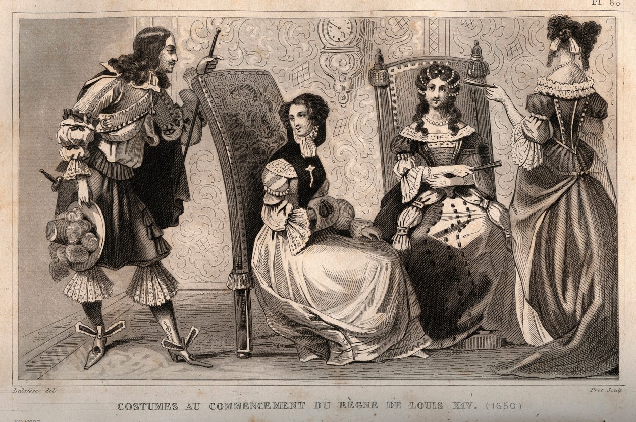 Kostýmy na počátku vlády Ludvíka XIV. (1650). Rytina z roku 1859 v „“ Le Monde. Dějiny všech národů od nejvzdálenějších dob až po současnost“. od M. E. de Lostalot-Bachoue (Lostalot Bachoue). Soukromá sbírka. od Anonymous Anonymous
