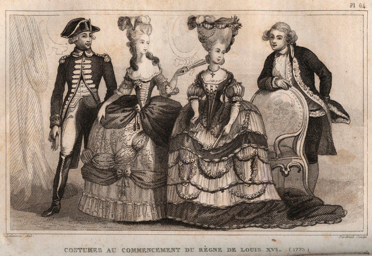Kostýmy na počátku vlády Ludvíka XVI. (1775). Rytina z roku 1859 v „“ Le Monde. Dějiny všech národů od nejvzdálenějších dob až po současnost“. od M. E. de Lostalot-Bachoue (Lostalot Bachoue). Soukromá sbírka. od Anonymous Anonymous